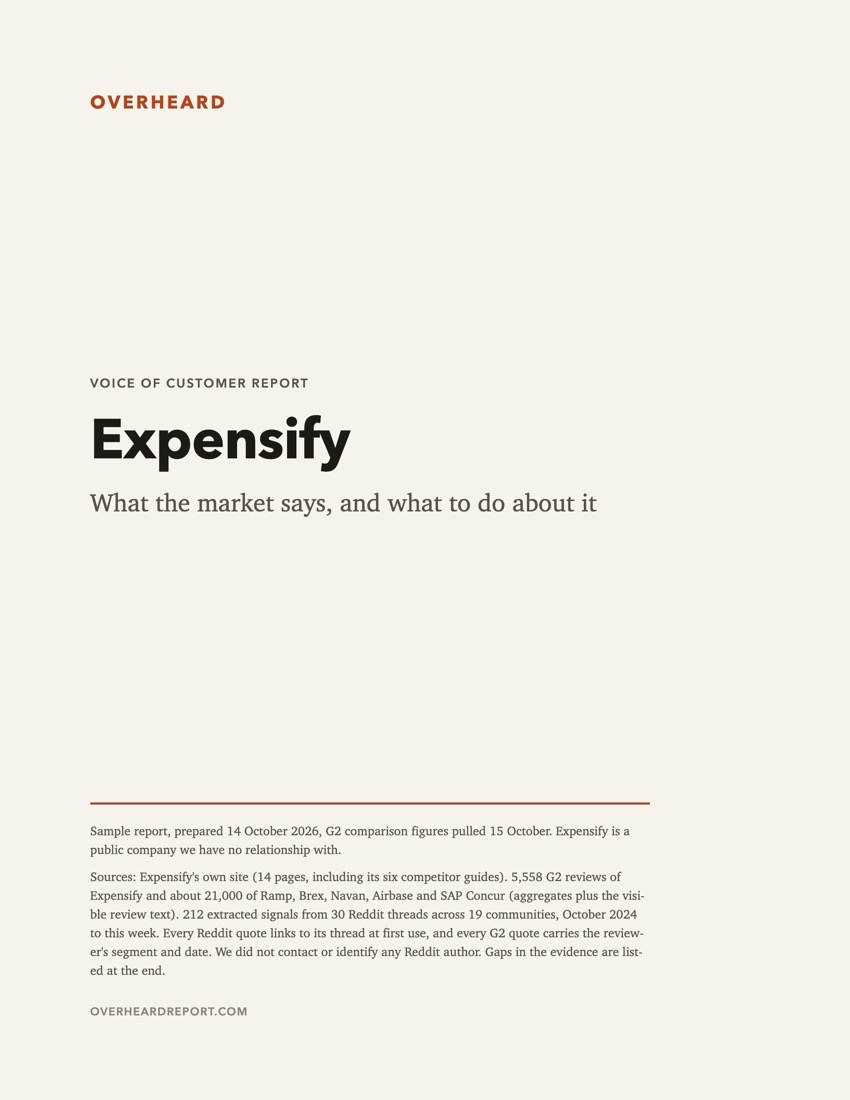 Cover of the Overheard sample report on Expensify: What the market says, and what to do about it.