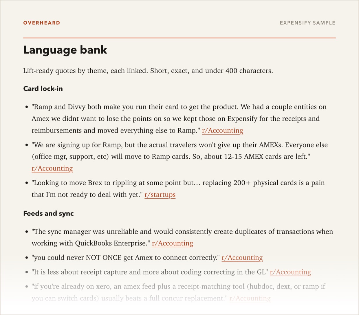The Language bank section of the Expensify sample report, quotes grouped by theme.